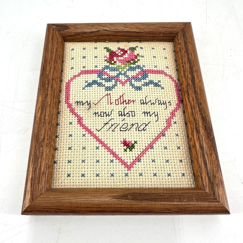 Vintage Handmade Cross Stitch Mother Friend Framed Needlepoint Wall Art Rose
